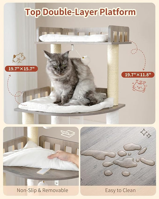 Heybly Cat Tree, 70.5" Wood Tall Cat Tower for Large Indoor Cats HCT121SG | Modern Cat Furniture with Extra Stable Structure, Smoky Gray