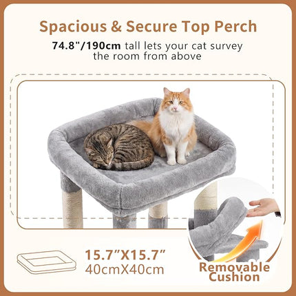 Heybly Cat Tree, 74.8-Inch Spacious & Tall Cat Tower for Large Cats,2 Cat Condos, Hanging Hammock, Light Gray