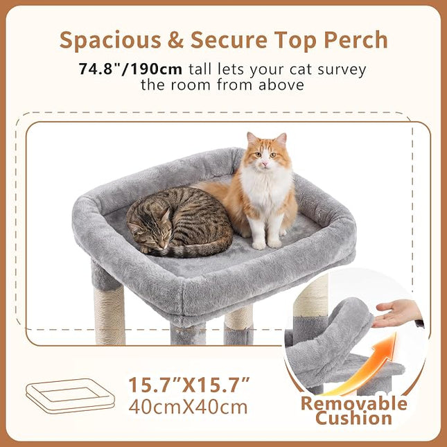 Heybly Cat Tree, 74.8-Inch Spacious & Tall Cat Tower for Large Cats,2 Cat Condos, Hanging Hammock, Light Gray