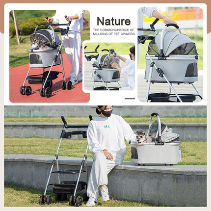 Pet Stroller with 4 Wheels, 3 in 1 Foldable Cat Dog Carrier, Portable Dog Cat Jogger Stroller with Detachable Carrier, Multifunctional Lightweight Pet Travel Stroller for Medium Small Dogs Cats