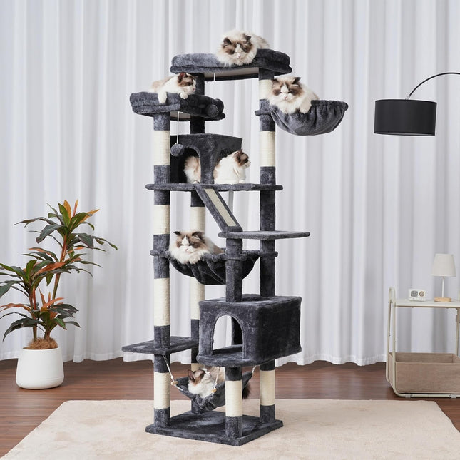 Heybly Cat Tree, Doodle Tower 180 cm, 2 Platforms, 2 Sleepers, 2 Hammocks, Dark Grey HCT034G