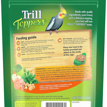 Trill Toppers Bird Treats, 40 Pack – Individual Pet Bird Food with Carrot, Peanut, Apple & Parsley toppings – Bird Seed disks with Millet, Canary Seeds, Pure Honey.