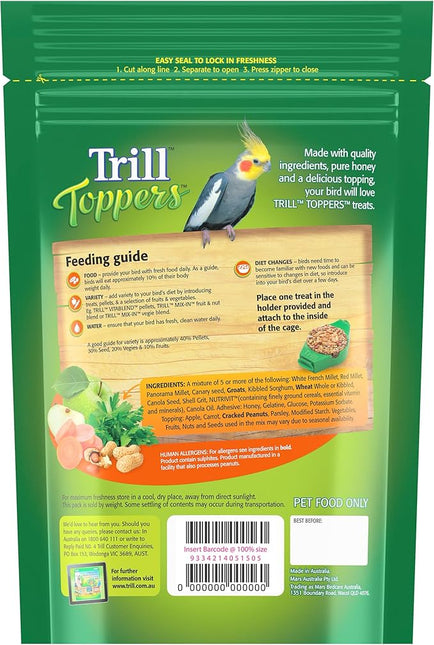 Trill Toppers Bird Treats, 40 Pack – Individual Pet Bird Food with Carrot, Peanut, Apple & Parsley toppings – Bird Seed disks with Millet, Canary Seeds, Pure Honey.