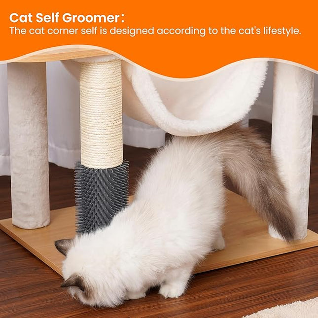 Heybly Wood Cat Tree for Indoor Cats, Cat Condo for Large Cats with Self Groomer,Modern Cat Scratching Tower with Basket,Hammock,Dangling Ball and Leaves,Walnut HCT120WB