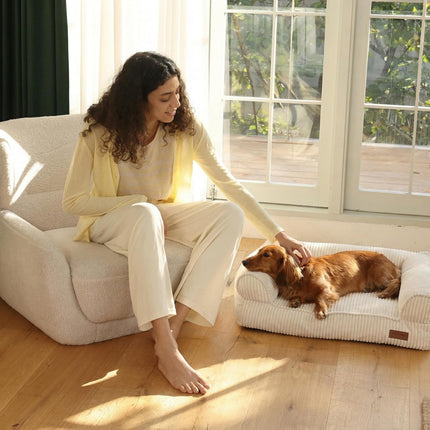 FUKUMARU Cat Couch Bed, Corduroy Cozy Cat Bed for Indoor Cats with Removable Washable Cover, Supportive Anti-Slip Dog Beds Sofa for Small Dogs Cute, 27inch, Medium, Cream