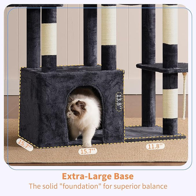 Heybly Heavy Duty Cat Tree, Tower for Indoor Cats Large Adult, Tall Cat Condo House with Extra-Large Baseboard,Smoky Gray HCT026G