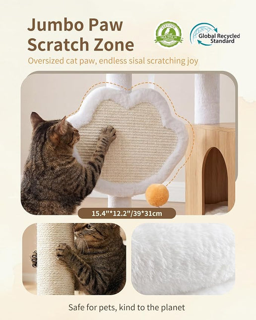 Heybly Cat Tree with Litter Box Enclosure, Modern 162cm Hidden Cat Tower for Indoor Cats,White Oak HCT105BT