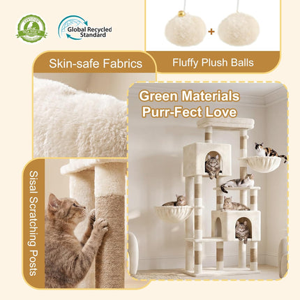 Heybly 173cm Cat Tower for Large Indoor Cats with 2 Condos, 2 Hammocks, 10 Sisal Scratching Posts,Beige HCT059MJ