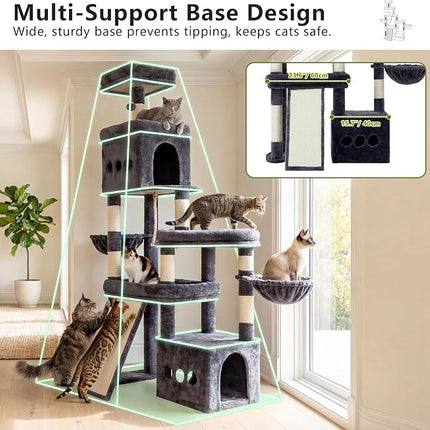 Heybly Cat Tree, 184 cm Anti-Tip Cat Tower for Large Cats, All-in-One,Smokey Grey