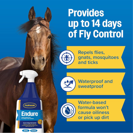Farnam Endure Fly Spray for Horses, Long-Lasting Fly Repellent, 32 oz Spray