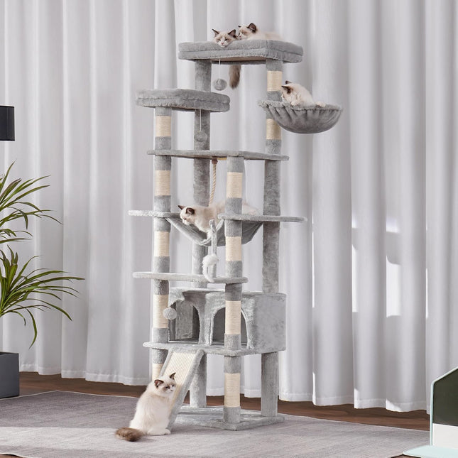 Heybly Tall Cat Tree, 200cm Multi-Level Cat Tower for Indoor Cats,Light Gray HCT033W