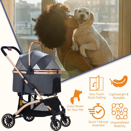 Pet Stroller for Small Dogs Cats, 6 Shock Absorption System | One Touch Folding