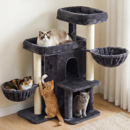 Heybly Cat Tree with Reinforced Big Base, 105cm Sturdy Cat Tower for Indoor Cats ,Smoky Gray