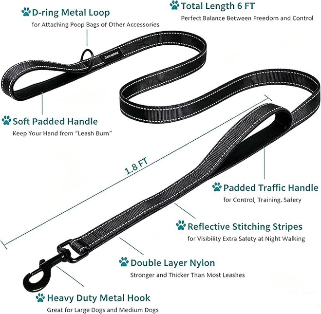 JEWOSTER Heavy Duty Dog Leash - 2 Handles by Padded Traffic Handle for Extra Control, 6foot Long - Perfect for Medium to Large Dogs (Purple, 6 ft)
