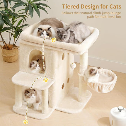 Heybly Cat Tree, 65cm Cat Tower with Spacious Top Perch for Large Cats, Beige