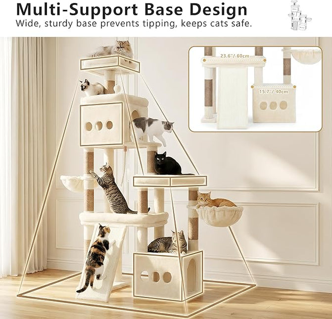 Heybly Cat Tree 72.4-Inch Anti-Tip Cat Tower with Spacious Perches,Extra-Large Sisal Scratching Board, Beige
