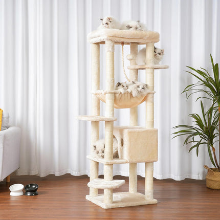 Heybly HCT050M Beige Cat Scratching Post with Blankets for Large Cat Scratching Post Large Platforms Cave 50 x 50 x 153cm