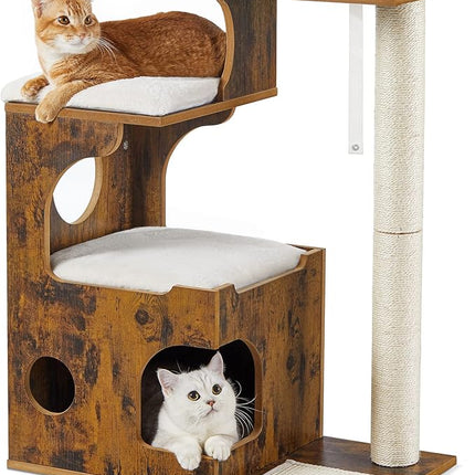 Feandrea Cat Tree, 86 cm Modern Cat Tower with Cat Cave, 3 Perches, Scratching Post and Mat, Removable Washable Plush Cushions, Vintage Brown