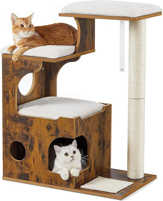 Feandrea Cat Tree, 86 cm Modern Cat Tower with Cat Cave, 3 Perches, Scratching Post and Mat, Removable Washable Plush Cushions, Vintage Brown