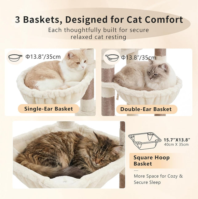Heybly Cat Tree, 190cm Spacious & Tall Cat Tower for Large Cats,  2 Cat Condos, Hanging Hammock, Durable Sisal Scratching Posts, Beige HCT062MJ
