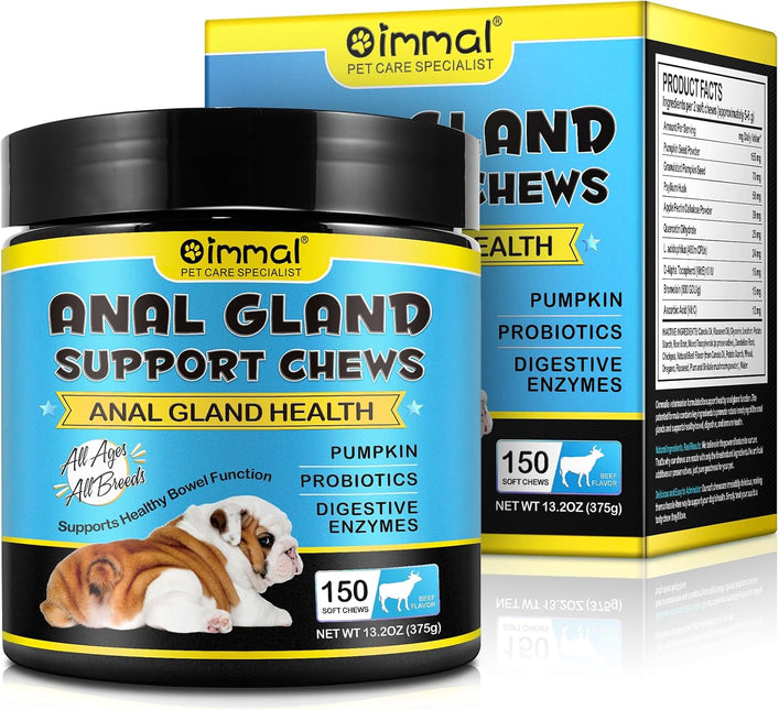Anal Gland Support Soft Chews for Dogs - Pumpkin, Probiotics & Digestive Enzymes - Beef Flavour, 150 Count (375g)