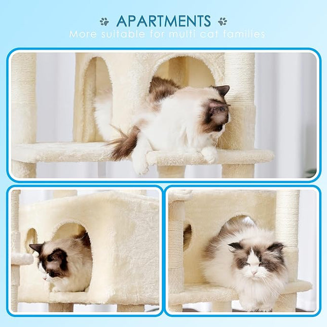 Hey-brother Cat Tree, 188 cm Multi-Level XL Large Cat Tower for Indoor Cats with Three Cat Condos, Beige MPJ035-MM