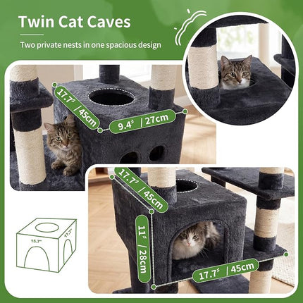 Heybly Floor to Ceiling Cat Tree, Large Cat Tower, 2 Cat Condos, Smoky Gray