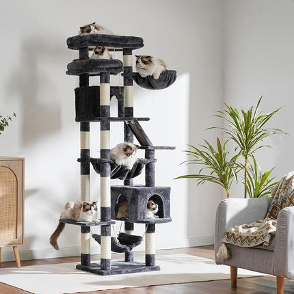 Heybly Cat Tree, Doodle Tower 180 cm, 2 Platforms, 2 Sleepers, 2 Hammocks, Dark Grey HCT034G