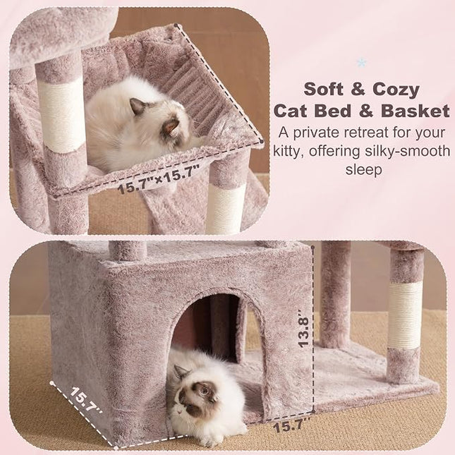 Heybly Heavy Duty Cat Tree, Tower for Indoor Cats Large Adult, Tall Cat Condo House with Extra-Large Baseboard, Multi-Level Plush Furniture with Scratching Posts, Hammock,Toy Balls,Muchroom HCT026MU