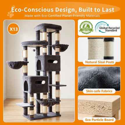 Heybly Cat Tree, 190cm Spacious & Tall Cat Tower for Large Cats, Smoky Gray HCT062G