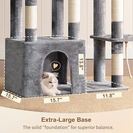 Heybly Heavy Duty Cat Tree for Large Adult, Tall Cat Condo House with Extra-Large Baseboard,Light Gray HCT026W