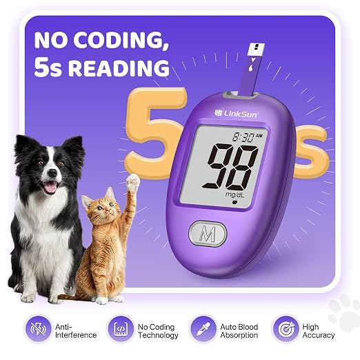 LinkSun Pet Glucose Monitor Kit, 100 Strips+Lancets, For Dogs, Cats, Rabbit