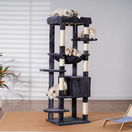 Heybly HCT050G Cat Scratching Post with Blankets for Large Cat Tree Large Platforms Cave 50 x 50 x 153cm Smoke Grey