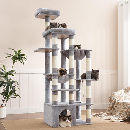 Heybly Cat Tree, 180cm Tall Cat Tower for Large Maine Coon Cats with Extra-Large Baseboard, Light Gray HCT037W