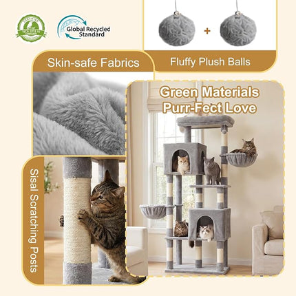 Heybly 173cm Cat Tree with Oversized Top Platform & Wide Base, Heavy Duty Cat Tower for Large Indoor Cats with 2 Condos, 2 Hammocks, 10 Sisal Scratching Posts,Light Gray HCT059W