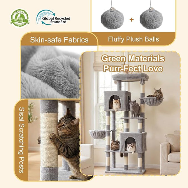 Heybly 173cm Cat Tree with Oversized Top Platform & Wide Base, Heavy Duty Cat Tower for Large Indoor Cats with 2 Condos, 2 Hammocks, 10 Sisal Scratching Posts,Light Gray HCT059W