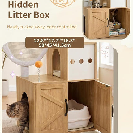 Heybly Cat Tree with Litter Box Enclosure, Modern 162cm Hidden Cat Tower for Indoor Cats,White Oak HCT105BT