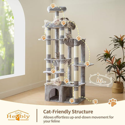 Heybly Cat Tree, 71-Inch Tall Cat Tower for Large Maine Coon Cats HCT037W | Light Gray