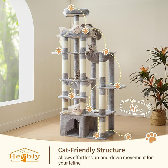Heybly Cat Tree, 71-Inch Tall Cat Tower for Large Maine Coon Cats HCT037W | Light Gray