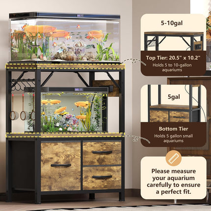 Heybly 5-10Gal Fish Tank Stand with Drawer, Power Outlet,200lbs HAS002SSR-1 |  20.5" × 10.2" Top, Rustic Brown