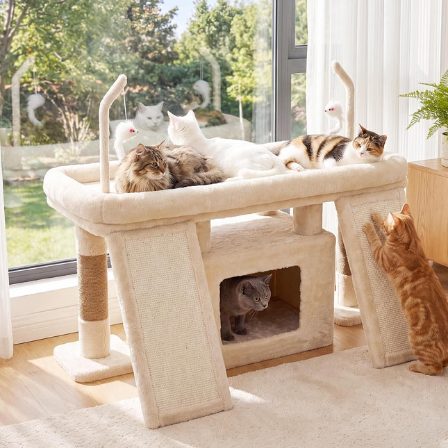 Heybly Cat Tree Extra-Long & Stable 2 Adjustable Scratch Boards,Beige
