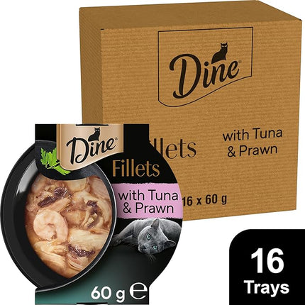 Dine Fillets Wet Cat Food Sustainable Tuna & Prawn 60g Tray, 16 Pack