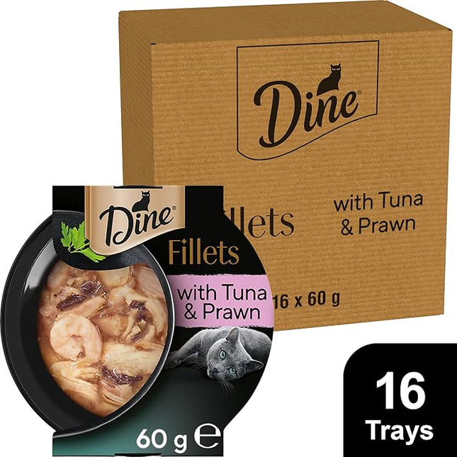 Dine Fillets Wet Cat Food Sustainable Tuna & Prawn 60g Tray, 16 Pack