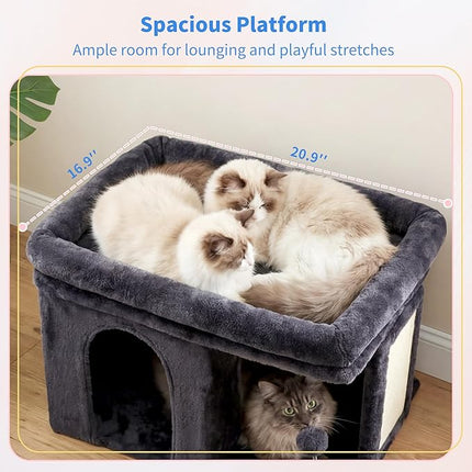 2+ Heybly Cat Tree, 14 inch Cat Tower with Large Perch Bed and Cat Condo for Indoor Cats Large Adult, Cat House with Scratching Posts and Interactive Spring Balls for Your Kittens, Smoky Gray