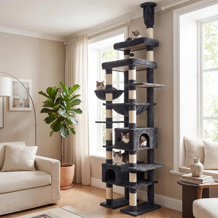 Heybly Floor to Ceiling Cat Tree, Large Cat Tower, 2 Cat Condos, Smoky Gray