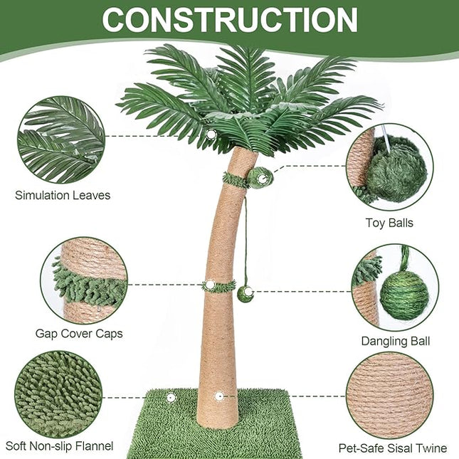 40'' Tall Cat Scratching Post Cat Tree, Curved Design Cat Scratcher Post with 3 Interactive Balls, Natural Sisal Rope