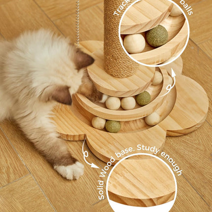 Cat Scratching Post for Kittens, 4 in 1 Wooden Cat Scratcher Toy, 17.7" Tall Scratch Post with 2 Level Cat Track Balls, Interactive Feather Toy and 2 Sisal Hanging Balls for Indoor Kittens