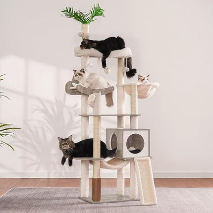 Heybly Wood Cat Tree for Indoor Cats, Cat Condo for Large Cats with Self Groomer,Gray HCT120SG