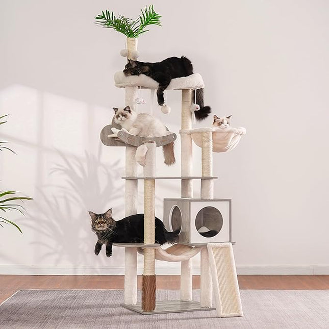 Heybly Wood Cat Tree for Indoor Cats, Cat Condo for Large Cats with Self Groomer,Gray HCT120SG