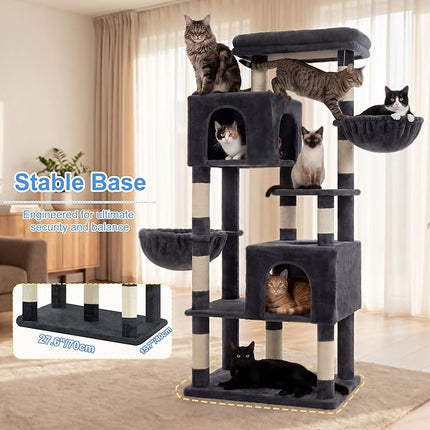 Heybly 173cm Heavy Duty Cat Tower for Large Indoor Cats with 2 Condos, 2 Hammocks, 10 Sisal Scratching Posts, Smoky Gray HCT059G